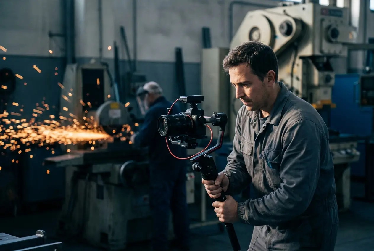 Operatore con camera su gimbal in un reparto produttivo