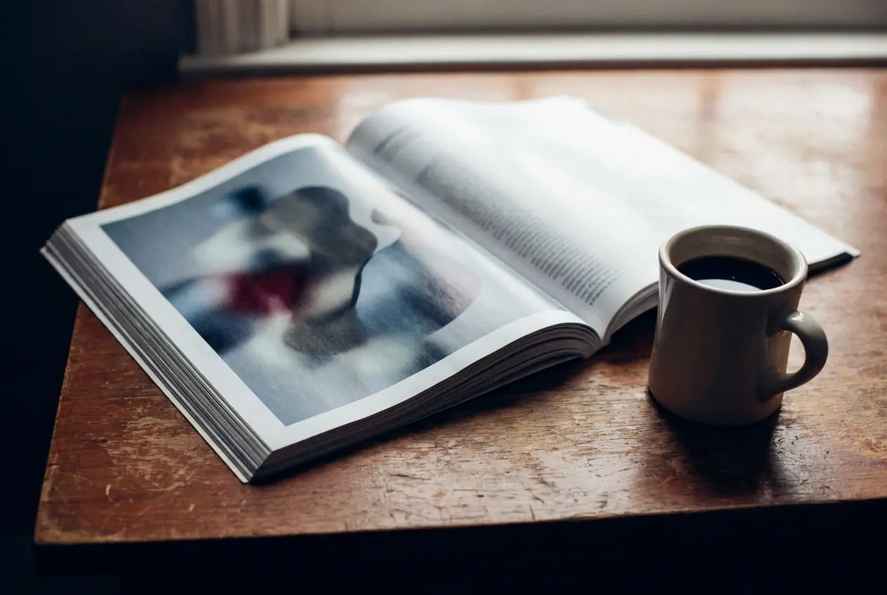 Rivista aperta su una pagina pubblicitaria, luce naturale