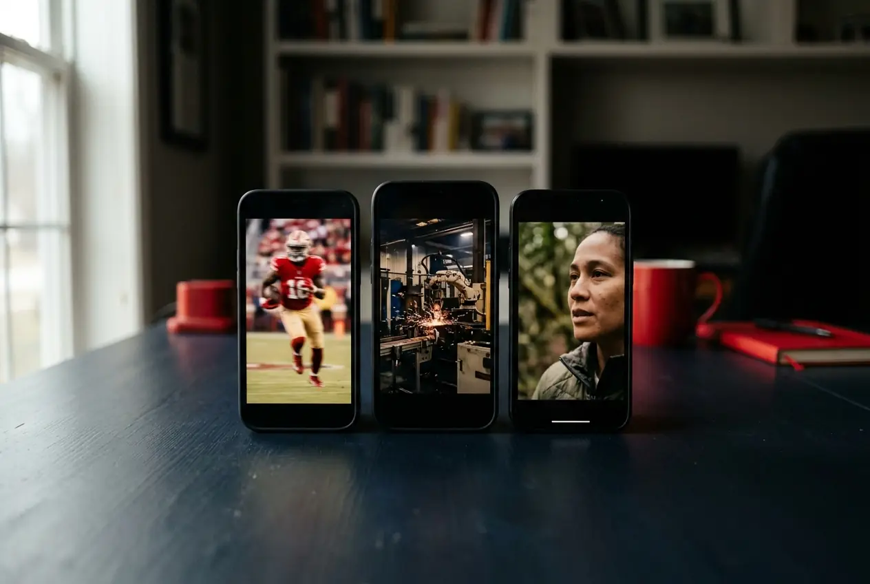Griglia di contenuti social verticali su tre smartphone