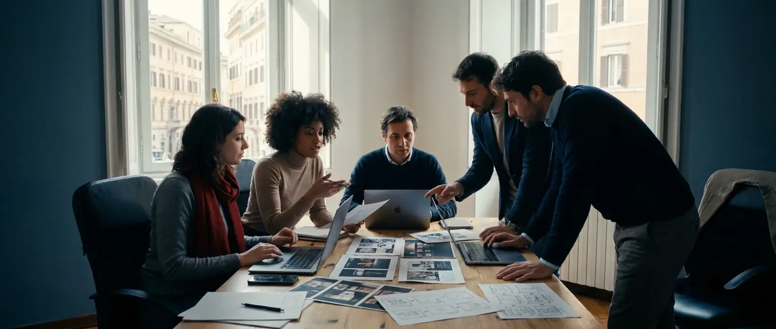 Il team D.E.I. al lavoro con un cliente, tavolo di progetto